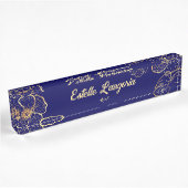 Porte-nom Pour Bureau Marque bleu marine florale dorée