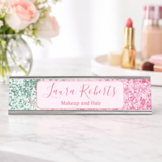 Porte-nom Pour Bureau Marque Rose Pailleté Gras
