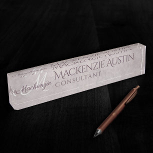 Porte-nom Pour Bureau Matte de quartz rose Monogramme rose Dusty Mauve