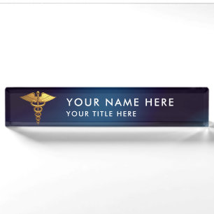 Porte-nom Pour Bureau Médecin élégant Navy Gold Caducée