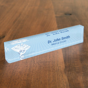 Porte-nom Pour Bureau Médicale blanc 3D Caduceus Blue Design