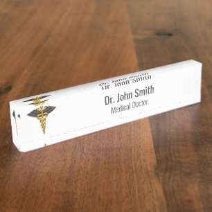 Porte-nom Pour Bureau Médicale Gold Caduceus Black Wings Classy Élégant