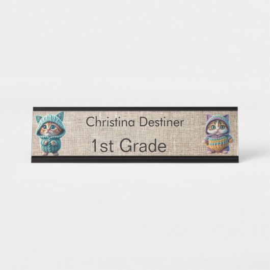 Porte-nom Pour Bureau Mignonne 2 images chat Enseignant (Devant)