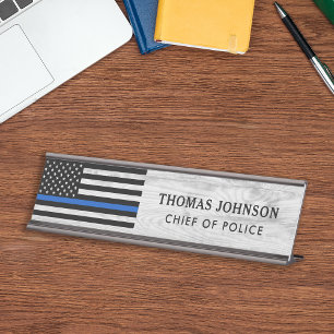 Porte-nom Pour Bureau Mince Ligne Bleue Drapeau Officier de police Bois