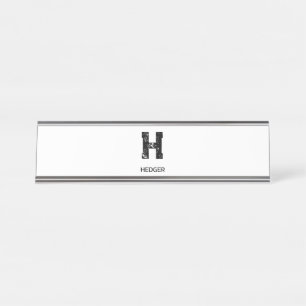 PORTE-NOM POUR BUREAU MINIMALISTE NOIR UNE LETTRE MONOGRAMME NOM BLANC