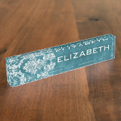 Porte-nom Pour Bureau Modèle de Damas gris turquoise Texte personnalisé (Taille)