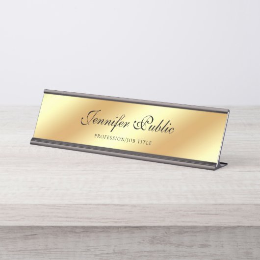 Porte-nom Pour Bureau Modèle de script manuscrit moderne Elegant Or (Devant)
