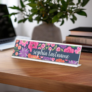 Porte-nom Pour Bureau Modèle floral plat signature manuscrite - marine