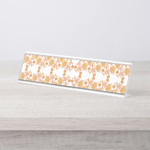 Porte-nom Pour Bureau Modèle floral symétrique avec motif orange