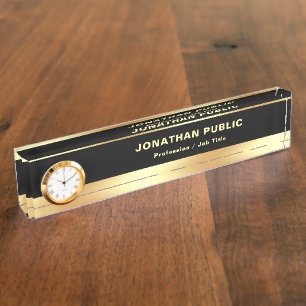 Porte-nom Pour Bureau Modèle Moderne Élégant Noir Et Or Avec Horloge