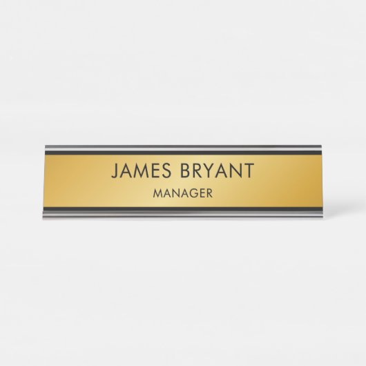 Porte-nom Pour Bureau Modern Glassy Golden & Black- Add Logo, Name,Title (Devant)