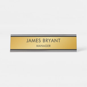 Porte-nom Pour Bureau Moderne Doré Verre et Noir - Ajouter Logo, Nom, Ti