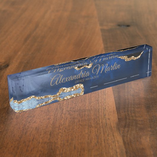Porte-nom Pour Bureau Moderne exécutif Navy Blue Gold Glitter Script (Taille)