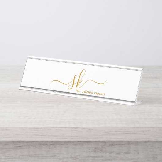 Porte-nom Pour Bureau Monogram Gold Script Calligraphie moderne personna (Devant)