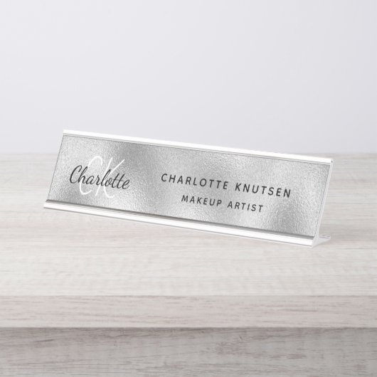 Porte-nom Pour Bureau Monogramme argenté professionnel moderne (Devant)
