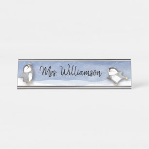 Porte-nom Pour Bureau Monogramme de l'enseignant de la classe Cute Pengu