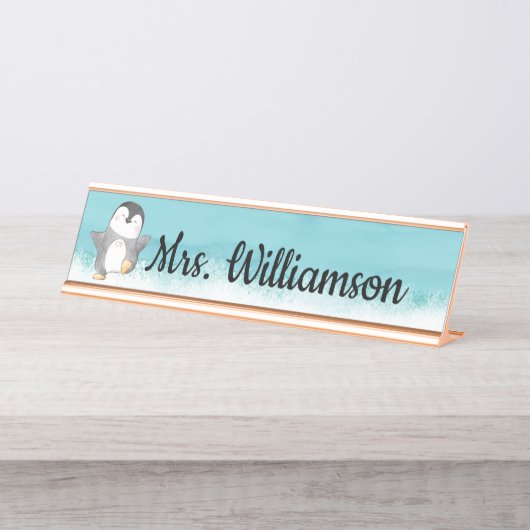 Porte-nom Pour Bureau Monogramme de l'enseignant en classe Cute Penguin (Devant)