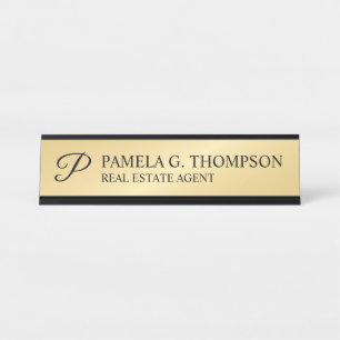 Porte-nom Pour Bureau Monogramme de script moderne noir et or