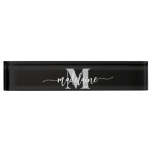 Porte-nom Pour Bureau Monogramme Elegant Blanc noir personnel