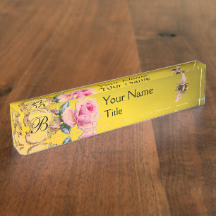 PORTE-NOM POUR BUREAU MONOGRAMME ÉLÉGANT D'APICULTEUR D'ABEILLE DE ROS