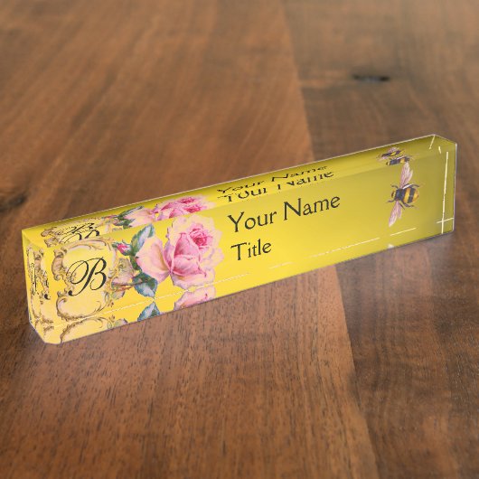 PORTE-NOM POUR BUREAU MONOGRAMME ÉLÉGANT D'APICULTEUR D'ABEILLE DE ROSE (Taille)