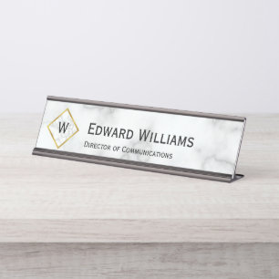 Porte-nom Pour Bureau Monogramme élégant de faux marbre blanc Nom Poste