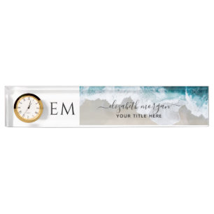 Porte-nom Pour Bureau Monogramme Elégante Plage Personnalisée Bleu Vert 