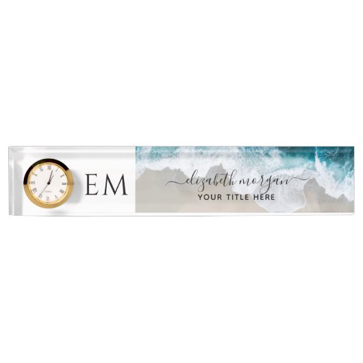 Porte-nom Pour Bureau Monogramme Elégante Plage Personnalisée Bleu Vert  (Devant)