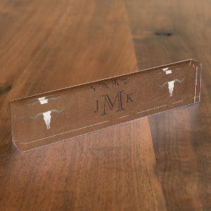 Porte-nom Pour Bureau Monogramme en cuir Brown rustique