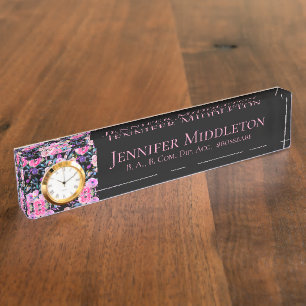 Porte-nom Pour Bureau Monogramme floral Personnalisé rose noir