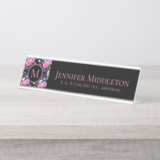 Porte-nom Pour Bureau Monogramme floral rose (Devant)