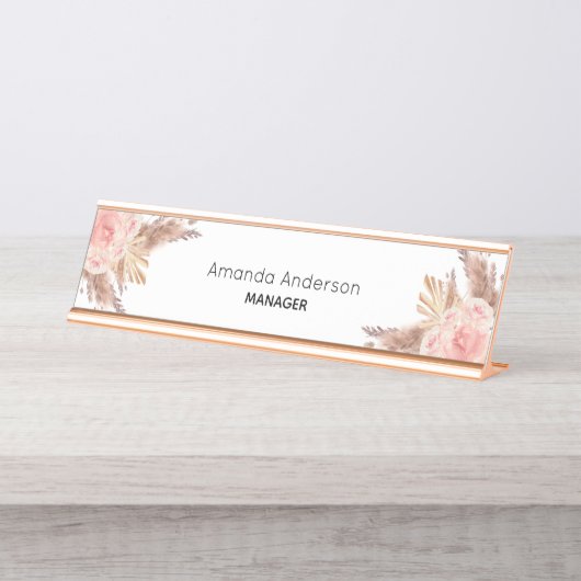 Porte-nom Pour Bureau monogramme floral rose pâle (Devant)