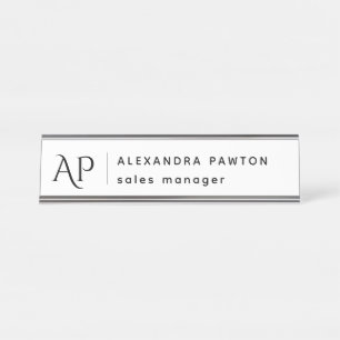 Porte-nom Pour Bureau Monogramme minimaliste noir et blanc
