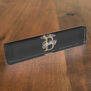 Porte-nom Pour Bureau Monogramme moderne élégant Nom Black Gold Script