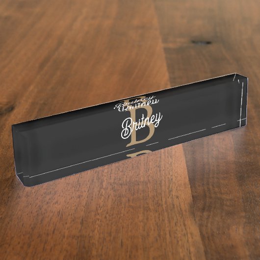 Porte-nom Pour Bureau Monogramme moderne élégant Nom Black Gold Script (Taille)