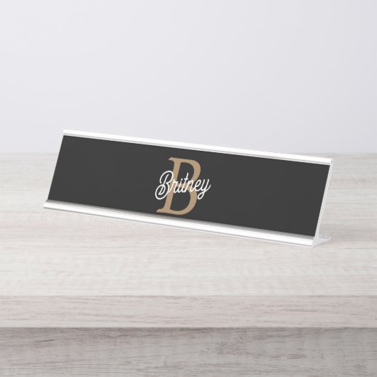 Porte-nom Pour Bureau Monogramme moderne élégant Nom Black Gold Script (Devant)
