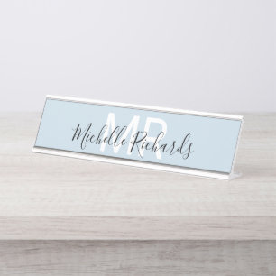 Porte-nom Pour Bureau Monogramme moderne minimaliste de nom bleu clair