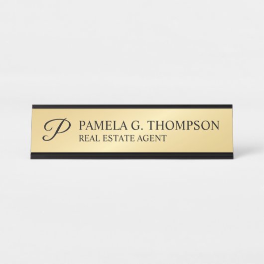 Porte-nom Pour Bureau Monogramme moderne Monogramme noir et or (Devant)
