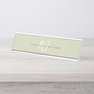 Porte-nom Pour Bureau Monogramme Moderne Vert Sauge Blanc Script