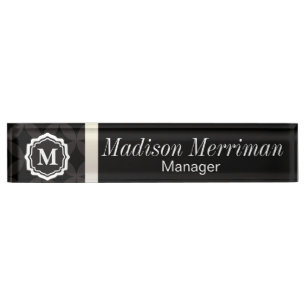 Porte-nom Pour Bureau Monogramme noir élégant