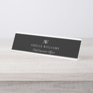 Porte-nom Pour Bureau Monogramme noir et blanc minimaliste