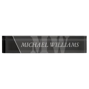Porte-nom Pour Bureau Monogramme noir gris artistique moderne