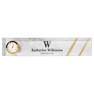 Porte-nom Pour Bureau Monogramme or Marbre blanc professionnel