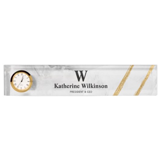 Porte-nom Pour Bureau Monogramme or Marbre blanc professionnel (Devant)