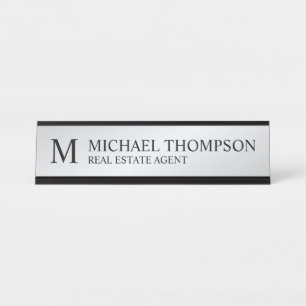 Porte-nom Pour Bureau Monogramme professionnel noir et argent
