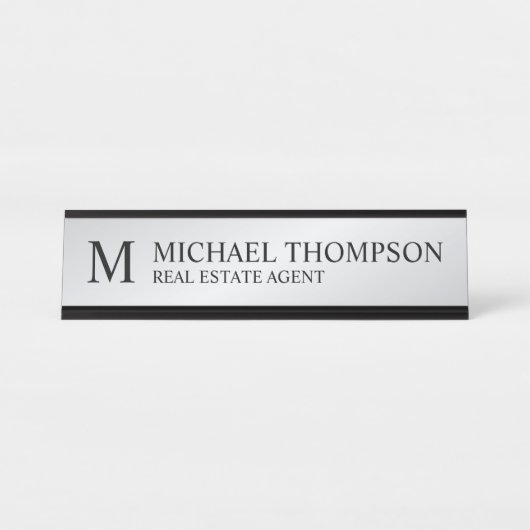 Porte-nom Pour Bureau Monogramme professionnel noir et argent (Devant)