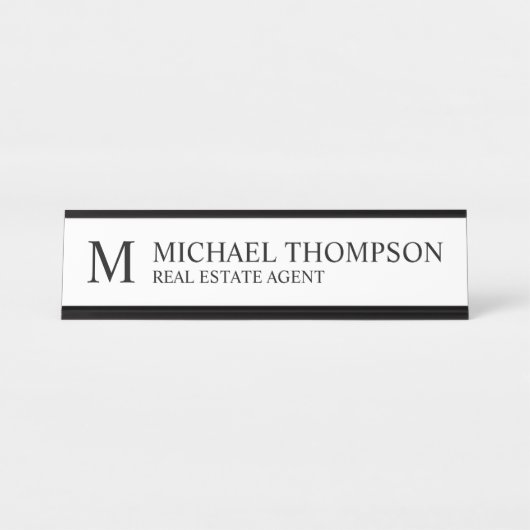 Porte-nom Pour Bureau Monogramme professionnel noir et blanc (Devant)