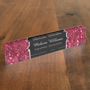 Porte-nom Pour Bureau Monogramme rose foncé magenta faux scintillants