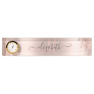Porte-nom Pour Bureau Monogramme Rose Gold à Gouttes Brillantes Modernes