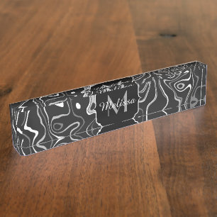 Porte-nom Pour Bureau Monogramme tourbillons abstraits damas noir blanc